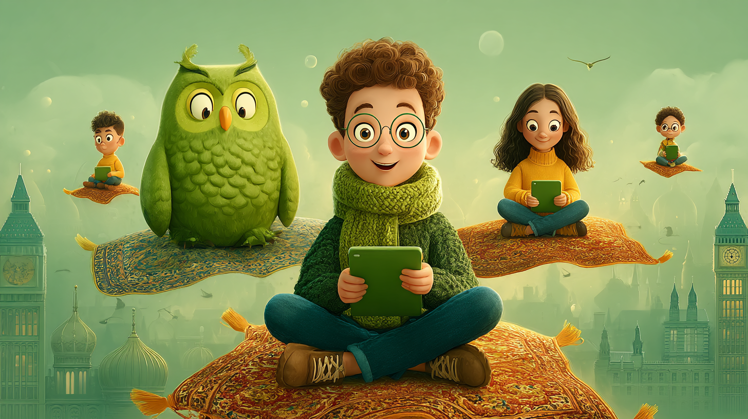 Duolingo Owl on Magic Carpet